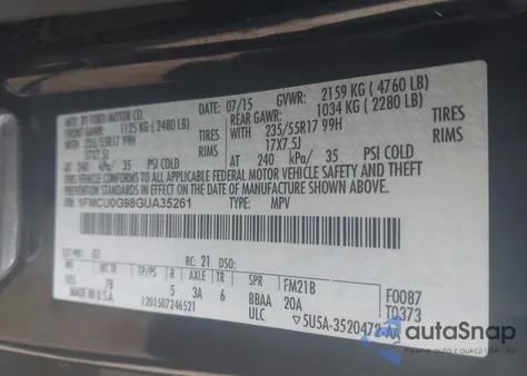 2016 Ford Escape Se из США, поврежденный, VIN 1FMCU0G98GUA35261